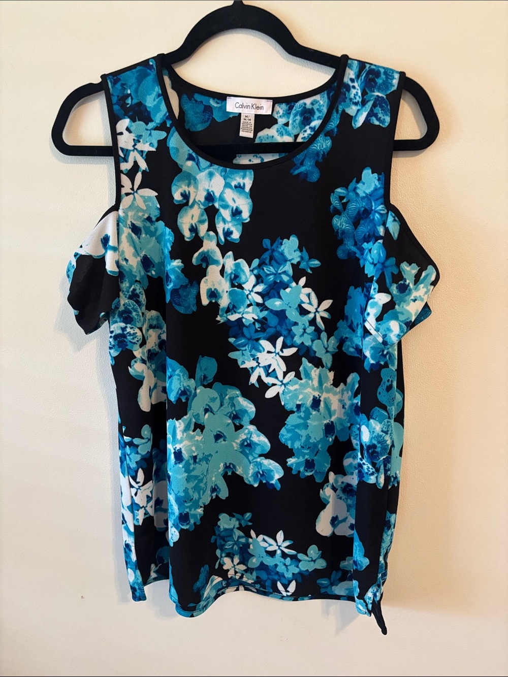 Calvin Klein Black Cold-Shoulder Top with Blue Floral Print